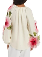 Appliqué Floral Hibiscus Silk-Blend Georgette Blouse