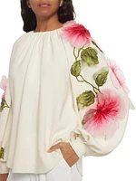 Appliqué Floral Hibiscus Silk-Blend Georgette Blouse