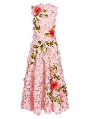 Hibiscus Floral Embroidered Guipure A-Line Midi-Dress