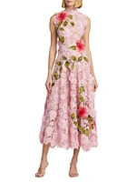 Hibiscus Floral Embroidered Guipure A-Line Midi-Dress