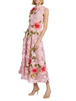 Hibiscus Floral Embroidered Guipure A-Line Midi-Dress