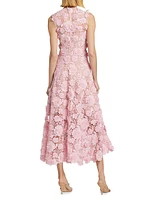 Hibiscus Floral Embroidered Guipure A-Line Midi-Dress