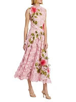 Hibiscus Floral Embroidered Guipure A-Line Midi-Dress