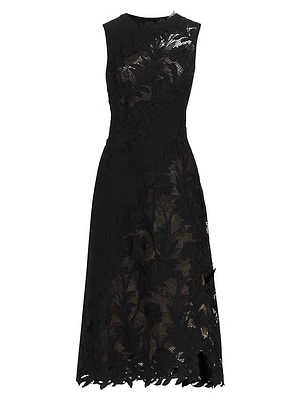 Wool-Blend Guipure Lace Sleeveless Midi-Dress