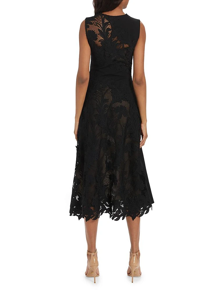 Wool-Blend Guipure Lace Sleeveless Midi-Dress