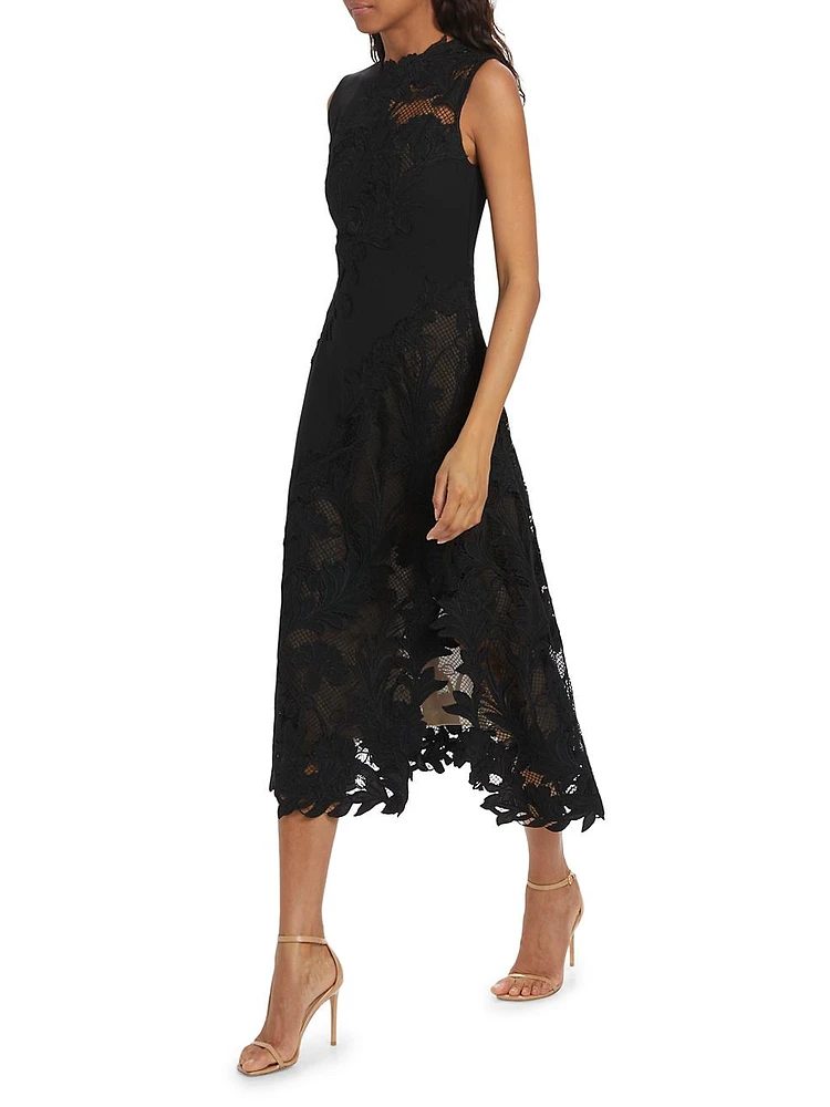 Wool-Blend Guipure Lace Sleeveless Midi-Dress