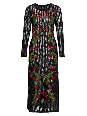 Floral-Embroidered Pointelle Midi-Dress