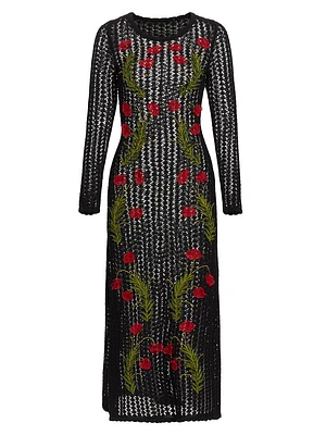 Floral-Embroidered Pointelle Midi-Dress