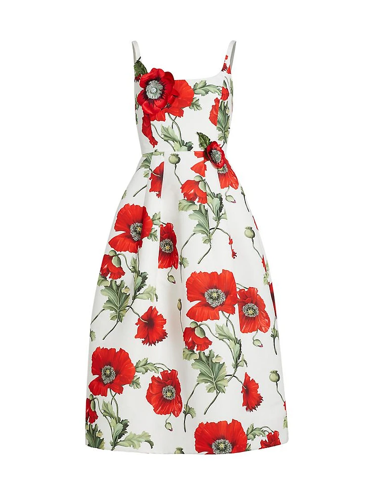 Poppies Silk Faille Midi-Dress