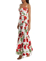 Poppies Stretch-Cotton Belted Tiered Maxi Dress