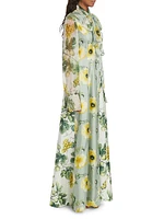 Grape Poppies Silk Tie-Neck Gown