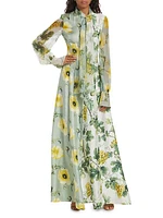 Grape Poppies Silk Tie-Neck Gown