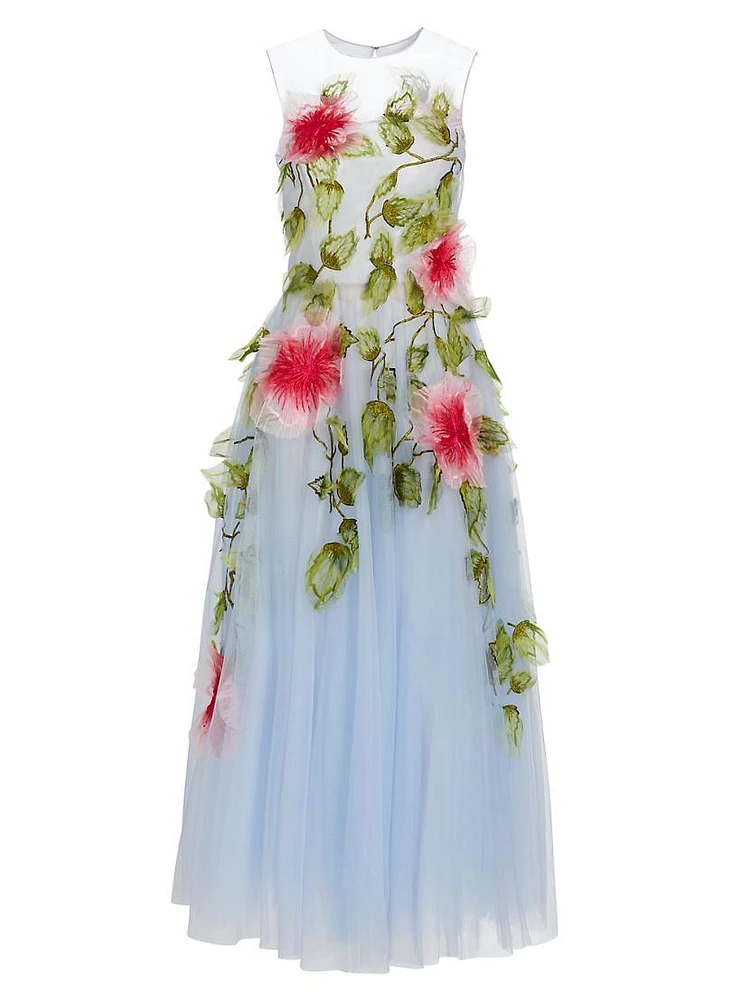 Hibiscus Floral Appliqué Organza Gown