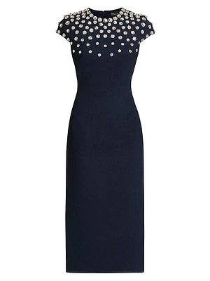 Crystal & Imitation Pearl Embroidered Stretch-Wool Dress