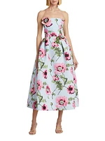 Poppies Faille Strapless Midi-Dress