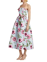 Poppies Faille Strapless Midi-Dress