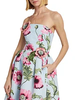 Poppies Faille Strapless Midi-Dress