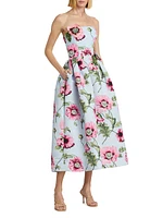 Poppies Faille Strapless Midi-Dress