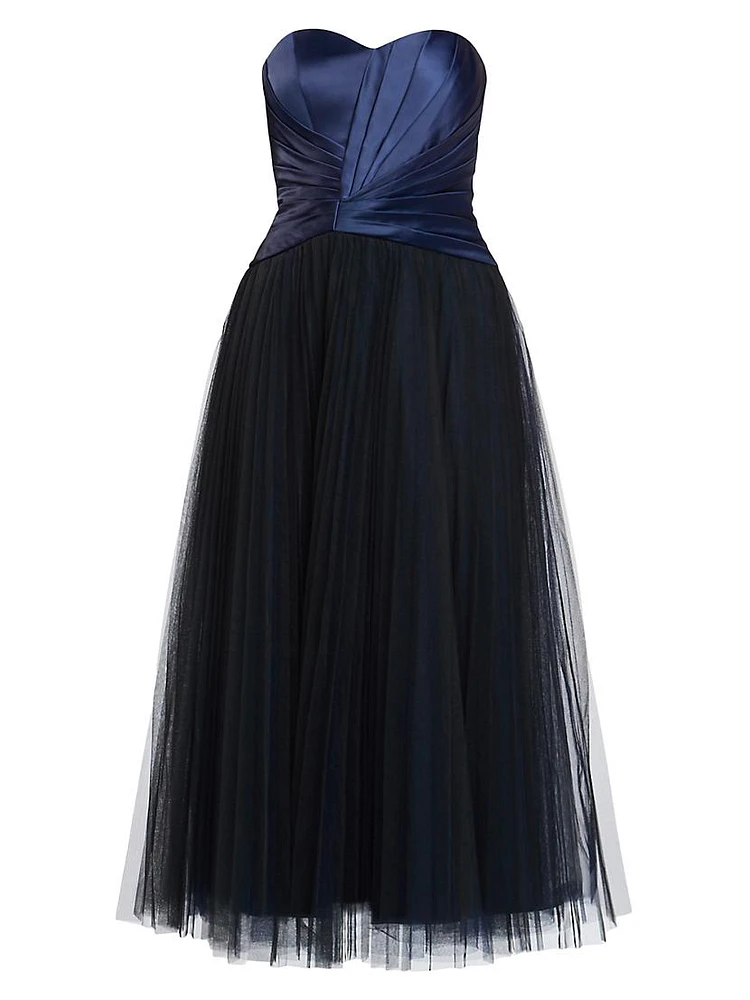 Pleated Bustier Tulle Midi-Dress