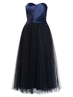 Pleated Bustier Tulle Midi-Dress