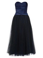 Pleated Bustier Tulle Midi-Dress