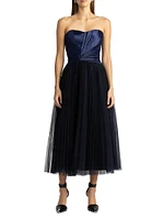 Pleated Bustier Tulle Midi-Dress