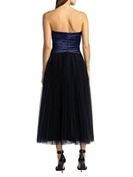 Pleated Bustier Tulle Midi-Dress