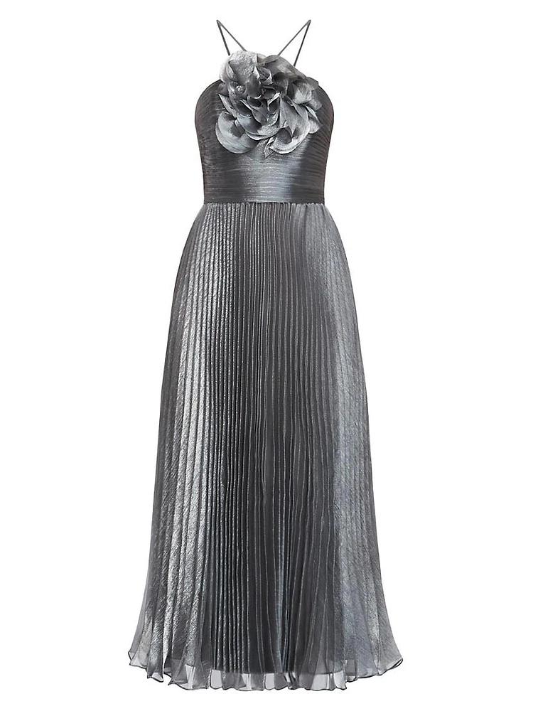 Pleated Lamé Midi-Dress