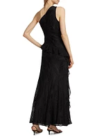 Ryanna Chiffon Devore One-Shoulder Gown