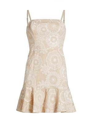 Medallion Embroidered Linen-Blend Minidress