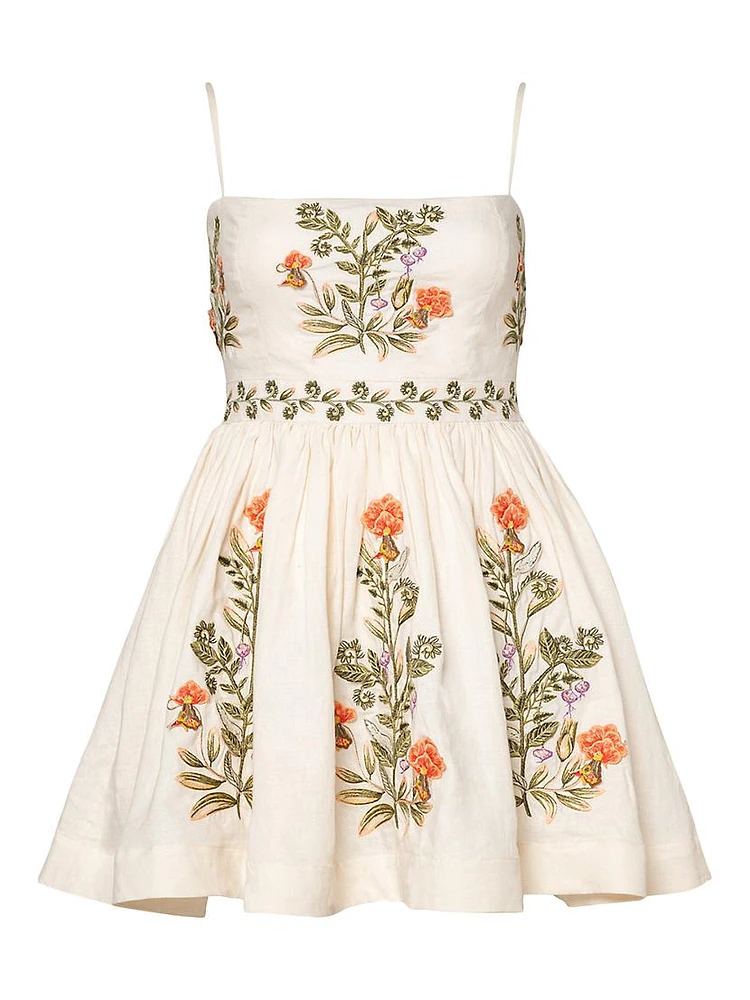 Alma Sapucai Cultivo Floral-Embroidered Linen Minidress