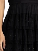 Beaded Layered Tulle Midi-Dress