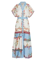 Riya Belted Printed Linen Midi-Dress