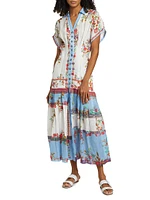 Riya Belted Printed Linen Midi-Dress