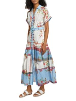 Riya Belted Printed Linen Midi-Dress