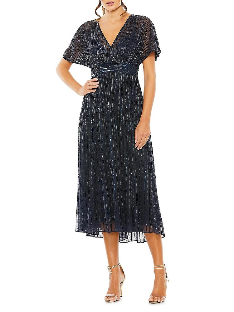 Sequined Short-Sleeve Midi-Dress