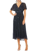 Sequined Short-Sleeve Midi-Dress