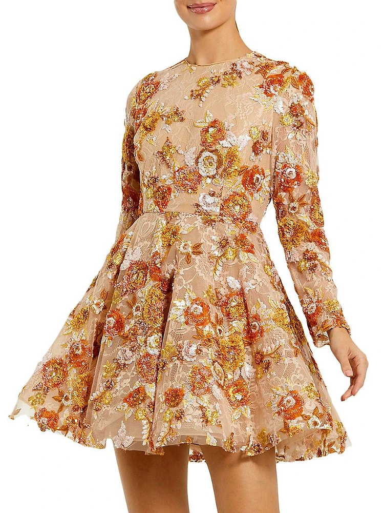 Lace Floral Long-Sleeve Minidress