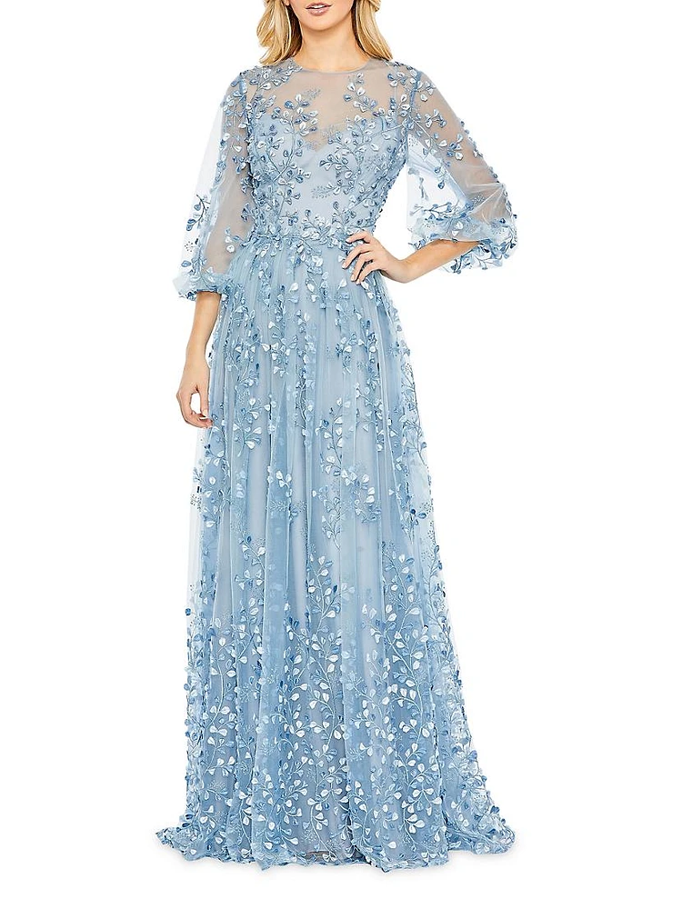 Petal Embroidered Chiffon Gown