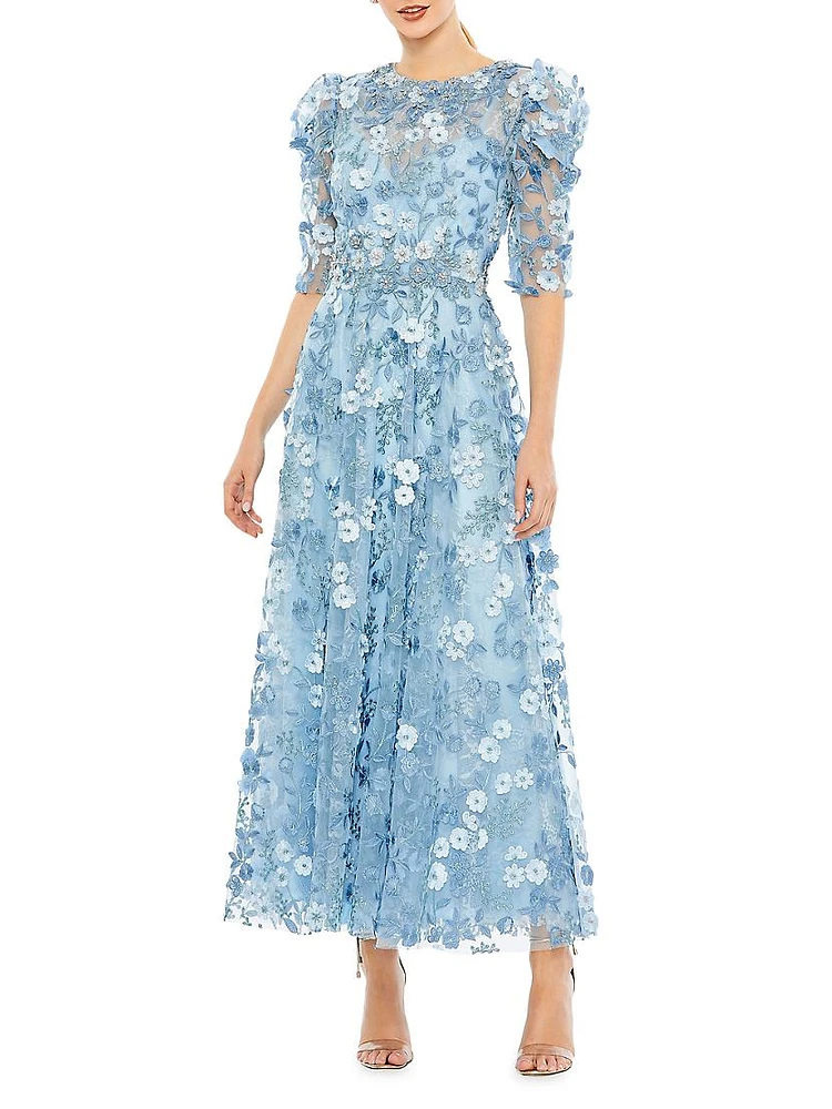 Floral Appliqué Puff-Sleeve Maxi Dress