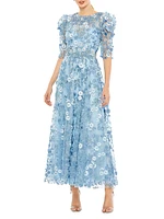 Floral Appliqué Puff-Sleeve Maxi Dress