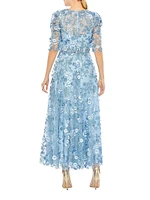 Floral Appliqué Puff-Sleeve Maxi Dress