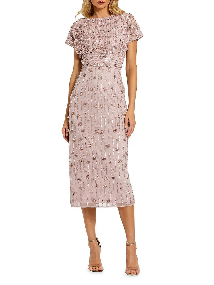 Sequin Beaded Cap-Sleeve Midi-Dress
