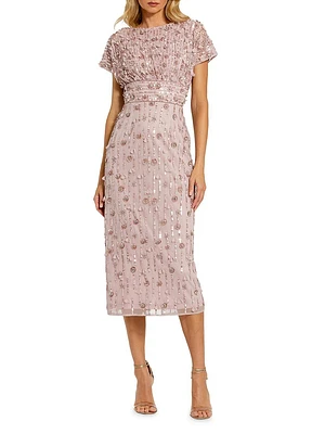 Sequin Beaded Cap-Sleeve Midi-Dress