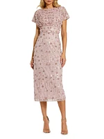 Sequin Beaded Cap-Sleeve Midi-Dress