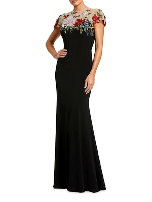 Floral-Embroidered Jersey Gown