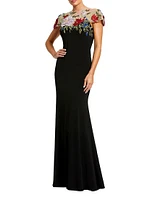 Floral-Embroidered Jersey Gown