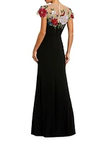 Floral-Embroidered Jersey Gown