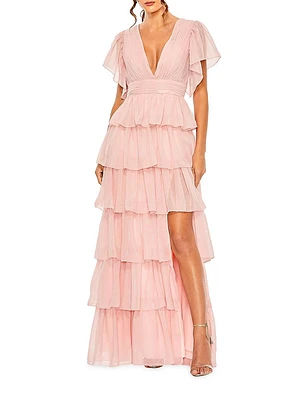 Flutter-Sleeve Tiered Gown