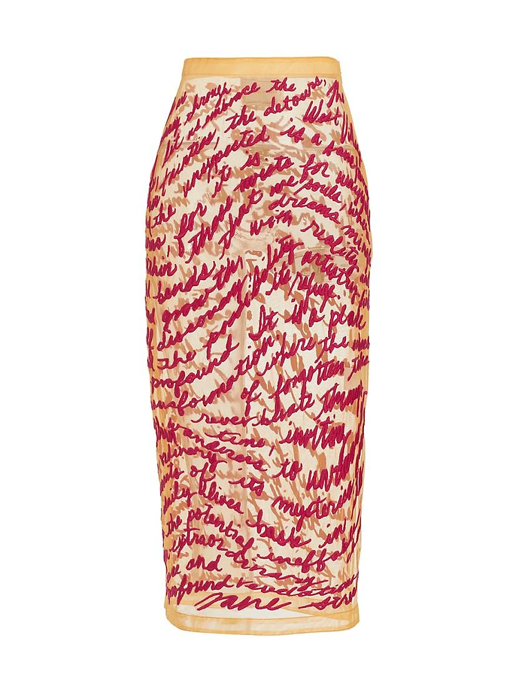 Cheever Cursive Embroidered Sheer Midi-Skirt